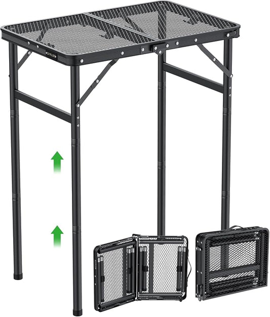 GARLLEN Folding Grill Table, 3 Adjustable Height Lightweight Camping Table with Heat-Resistant Tabletop, Portable Aluminum Outdoor Table for BBQ, Picnic, 23.6" L x 15.7" W, Threaded Install, Black