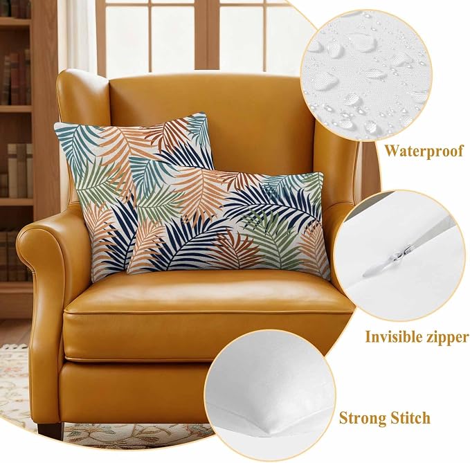 Red Green Navy Palm Leaves Outdoor Pillow Covers 20"x20" Set of 2, Summer Botanical Vintage Tropical Leaf Rustic Waterproof Throw Pillow Covers for Patio Furniture, Decorative Cushion Covers for Porch