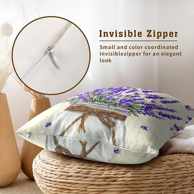 Lavender Purple Floral Pillow Covers 18x18 Set of 2, French Country Flowers Rustic Jar Farmhouse Decorative Pillow Cases Soft Square Cushion Cover for Sofa Couch Chair Home Decor