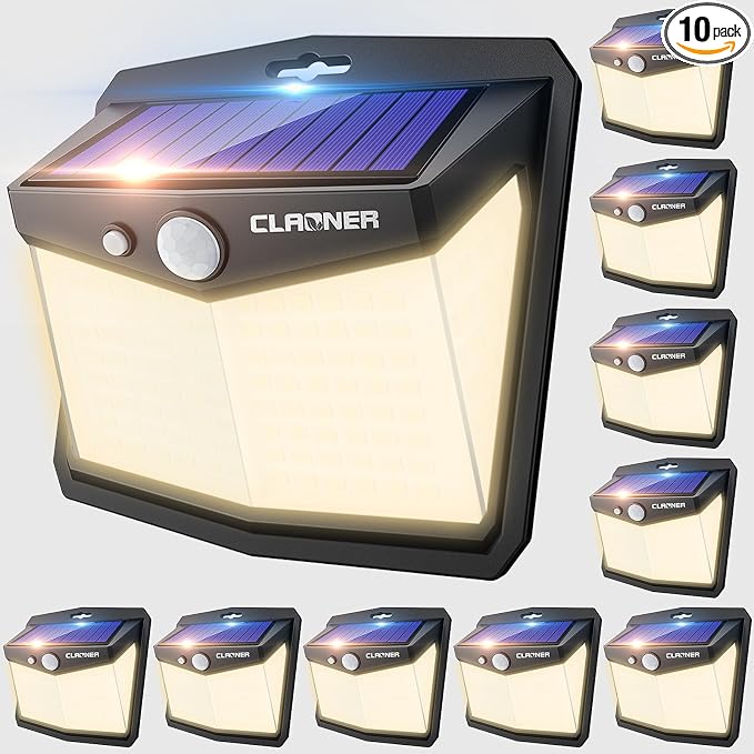 CLAONER Solar Lights Outdoor, [128 LED/10 Packs] Motion Sensor Lights 3 Working Modes for Outdoor with 270° Wide Angle Wireless IP65 Waterproof Security Light for Fence, Patio, Warm White
