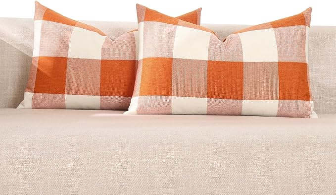 Orange Fall Decor Outdoor Plaid Fall Lumbar Pillow Covers 12x20 for Porch | Set of 2 Pillow Cover 12 x 20, Fall Lumbar Decorative Pillows for Bed Couch, Fall Cottage Core Decor, Vintage Pillow Covers