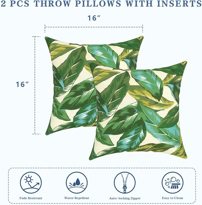LVTXIII Outdoor Throw Pillows 16x16 Inch, Set of 2 Square Decorative Pillows with Inserts for Patio Furniture, Porch Chair, Garden Sofa, Lush Leaf Jungle