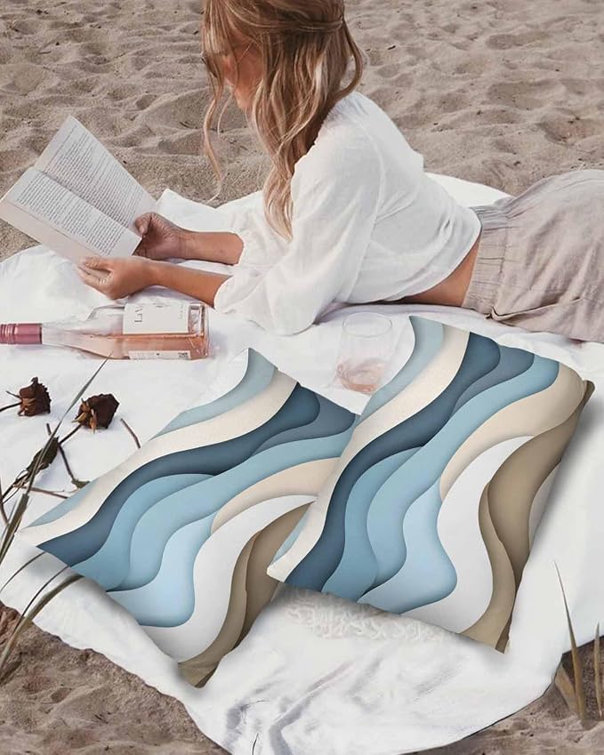 Pack of 2 Blue Brown Abstract Outdoor Pillow Waterproof Covers 20x12 inch, Gradient Water Ripple Polyester Throw Pillow Covers Garden Cushion Decorative Case for Patio Couch Decoration