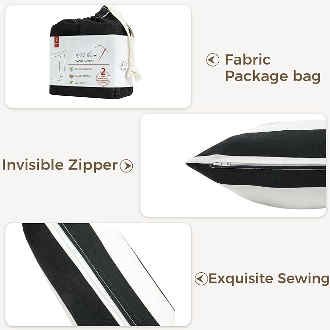 Throw Pillow Covers Set of 2, Outdoor Indoor Waterproof Patio Throw Pillowcase Shell 18x18 Inch, Square Cushion Case for Couch Sofa Garden Farmhouse-Black White Stripe
