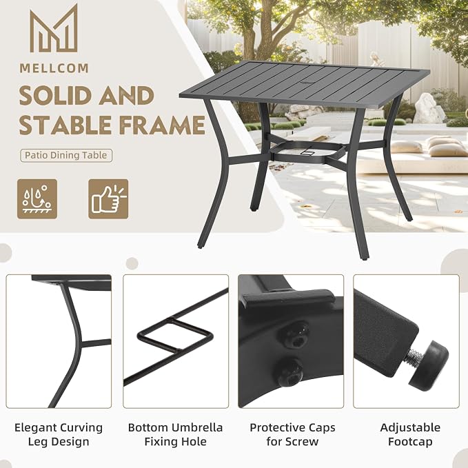 MELLCOM 37''x37'' Outdoor Dining Table for 4, Metal Patio Dining Table with 1.57'' Umbrella Hole and Adjustable Feet, All-Weather Black Square Table for Porch, Garden, Backyard, Poolside