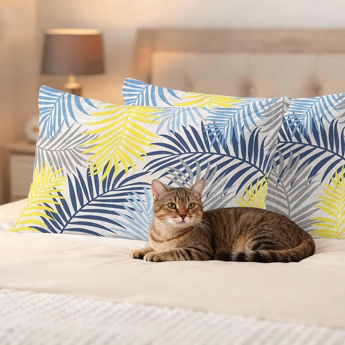 Outdoor Waterproof Throw Pillow Covers, Blue Yellow Grey Palm Leaves Decorative Pillow Cases, Summer Botanical Tropical Leaf Couch Pillow Protector Patio Sofa Cushion Covers Replacement 20"x12" 2 Pack