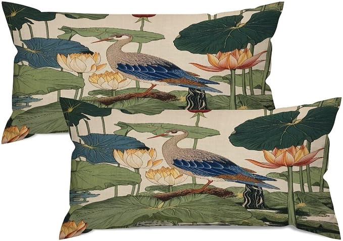 Zipped Pillow Cases for Home Decor Chinese Pond Bird Throw Pillow Cover Set of 2 Farmhouse Cushion Cover Cases for Living Room Club Home Decor 12x24in