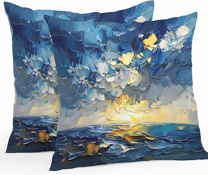 Modern Abstract Waterproof Outdoor Pillow Covers Set of 2 Home Decor, Blue Yellow Abstract Ombre Oil Painting Pillowcase Patio Pillow Covers for Couch Bench Furniture Garden 20x20in