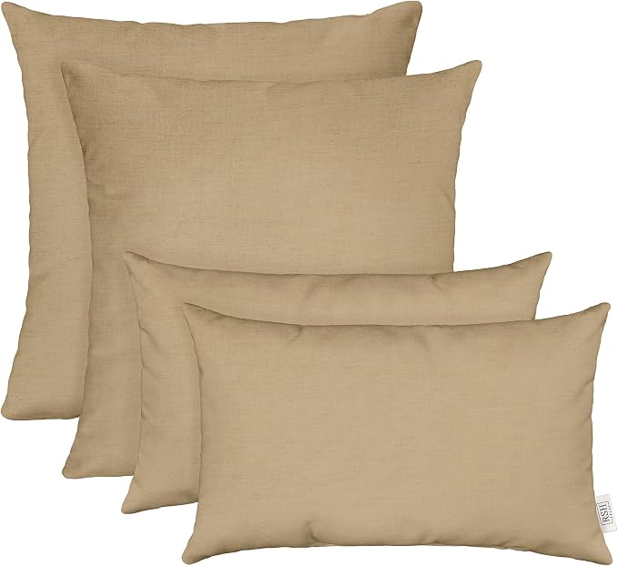 RSH DECOR: Sunbrella Lumbar & Square Pillows Set of 4 | 20" x 12" & 17" x 17" | Water and Fade-Resistant Performance Fabric | Outdoor Throw Pillows for Patio Furniture | Canvas Heather Beige