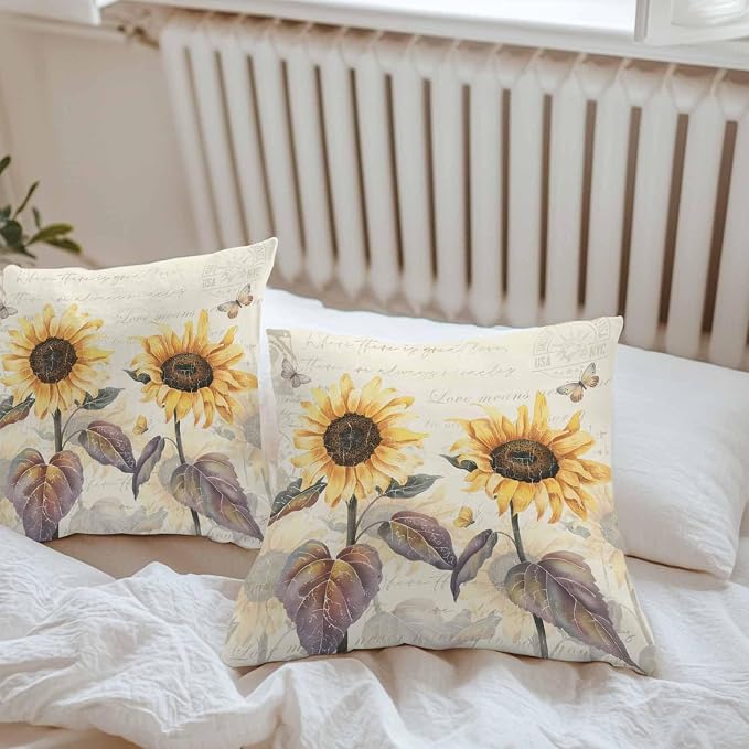 Sunflower Outdoor Pillow Covers Pack of 2, Retro Sunflower Floral Butterfly Waterproof Pillow Covers Seasonal Spring Summer Throw Pillowcase for Patio Funiture Garden Tent, 16 x 16 inch