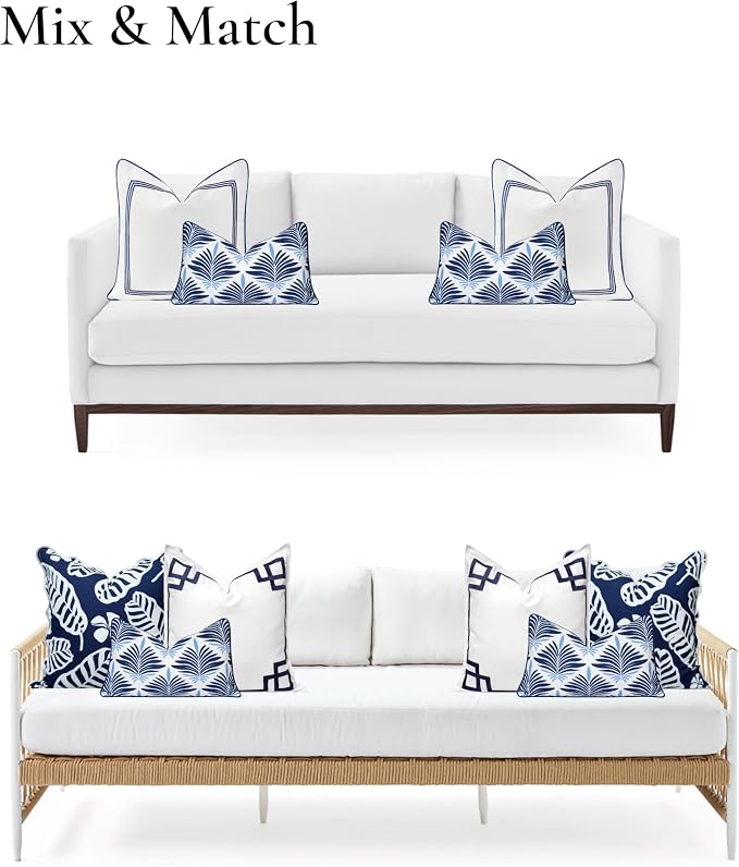 Hofdeco Premium Coastal Hampton Patio Indoor Outdoor Lumbar Pillow Cover Only, 12"x20" Water Repellent for Backyard, Couch, Poolside, Navy Blue Print Abstract Plam Leaves