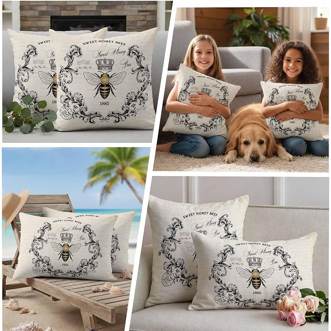 Outdoor Waterproof Throw Pillow Covers Set of 2 Sweet Honey Bees Pillowcases 24x24 Inches Floral Crown Wreath Vintage Decorative Pillows Cushion Case Patio Pillows for Couch Bed Chair Garden