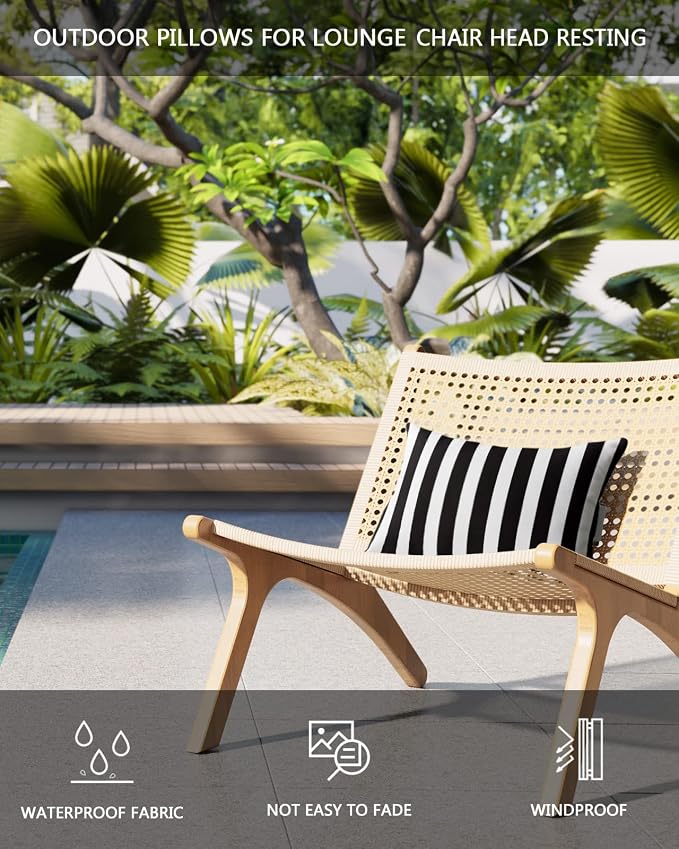 DecorLovee Black Striped Outdoor Recliner Pillows for Head, Farmhouse Waterproof Chair Pillow with Elastic Stripe, Black White Stripes Chaise Lounge Headrest Pillow for Patio/Beach/Pool 2Pack, 11"x16"