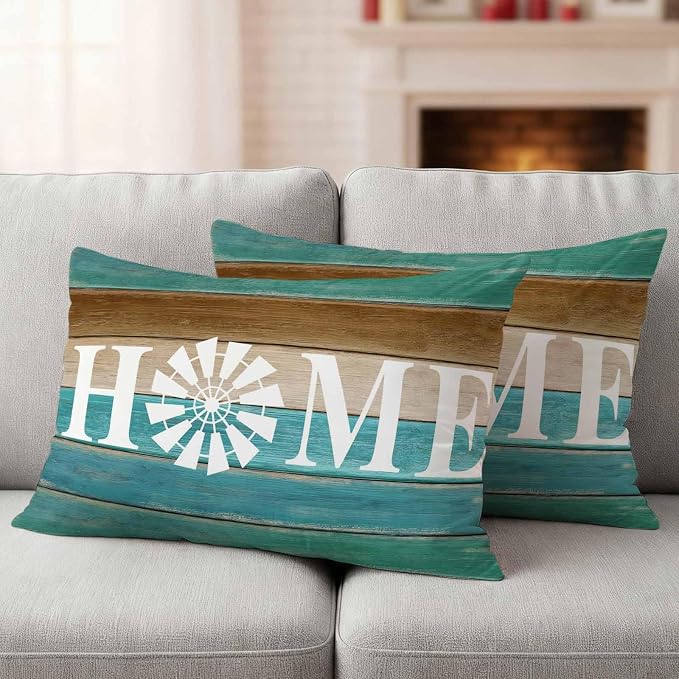 Outdoor Pillow Covers Set of 2, Home Windmill Farmhouse Wooden Decorative Throw Pillow Covers 20X12IN, Farm Teal Wood Board Throw Pillows Protector Cushion Case for Patio,Couch,Sofa,Garden