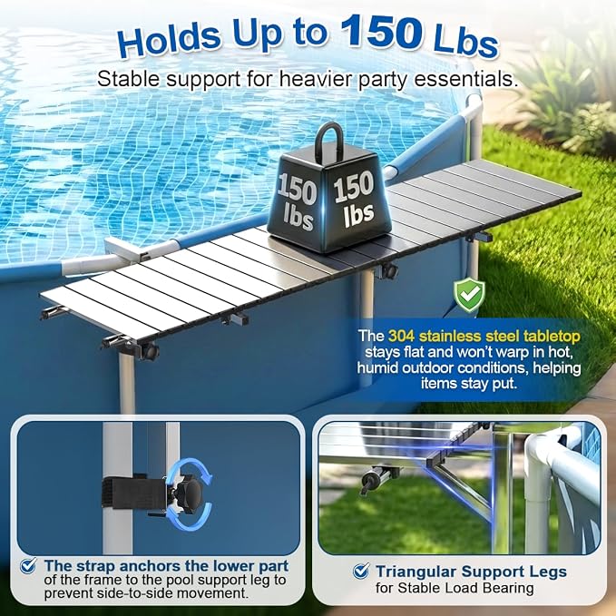 Above Ground Pool Bar, 47" x 11.7" 304 Stainless Steel Pool Bar Table for Round Above Ground Pools, Holds Ice Bucket, Great for 5-Person Family Gatherings, UV & Pool Chemical Resistant, Holds 150 lbs