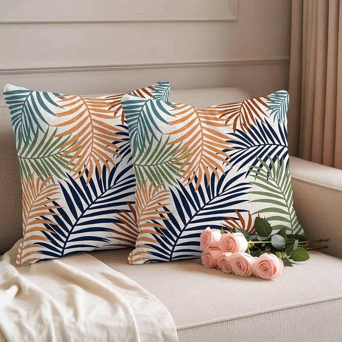 Red Green Navy Palm Leaves Outdoor Pillow Covers 16"x16" Set of 2, Summer Botanical Vintage Tropical Leaf Rustic Waterproof Throw Pillow Covers for Patio Furniture, Decorative Cushion Covers for Porch