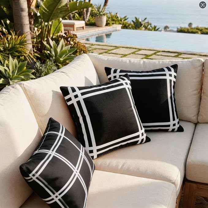 Set of 2 Outdoor Waterproof Pillow Covers 18x18 Black White Plaid | Classic Black and White Plaid Pattern Brings Farmhouse Charm to Indoor and Outdoor Decor