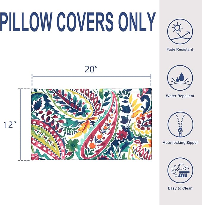 Pack of 2 Outdoor Lumbar Pillow Covers, All Weather Cushion Pillow Cases 12x20 Inch, Pillowcase for Patio Couch Decoration, Vigour Paisley