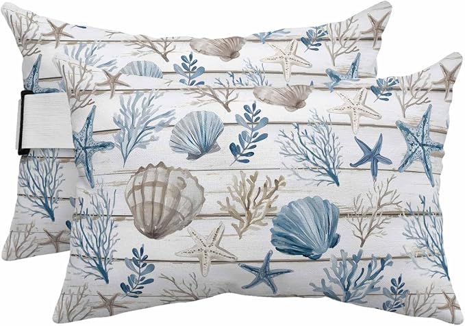 Blue Brown Coastal Outdoor Pillows with Insert 11x16 Inch Summer Coral Starfish Shell Wood Grain Waterproof Headrest Pillows with Adjustable Strap Lounger Chair Throw for Patio Furnitures , 2 Pack