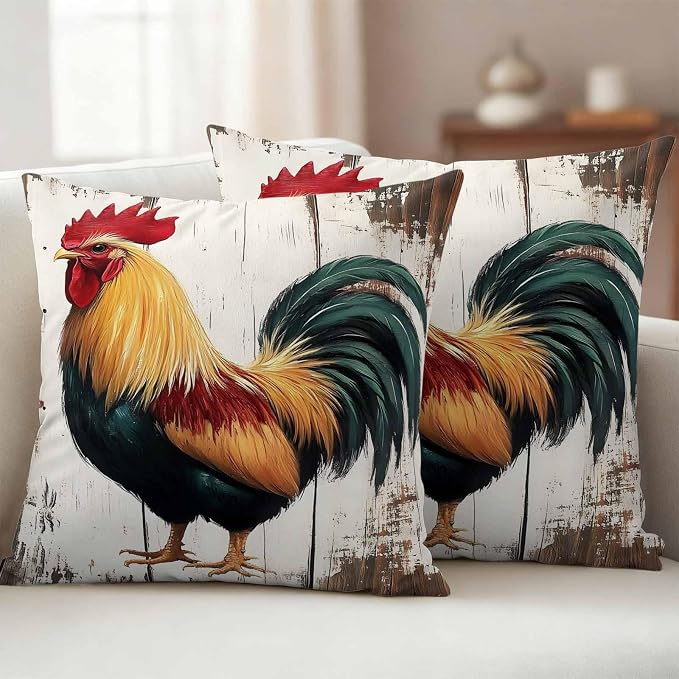 Vintage Rooster Outdoor Waterproof Throw Pillow Covers 26x26 Set of 2, Retro Farmhouse Rooster Watercolor Decorative Pillowcases Cushion Pillowcase for Couch Sofa Patio Outside Pillow Protector