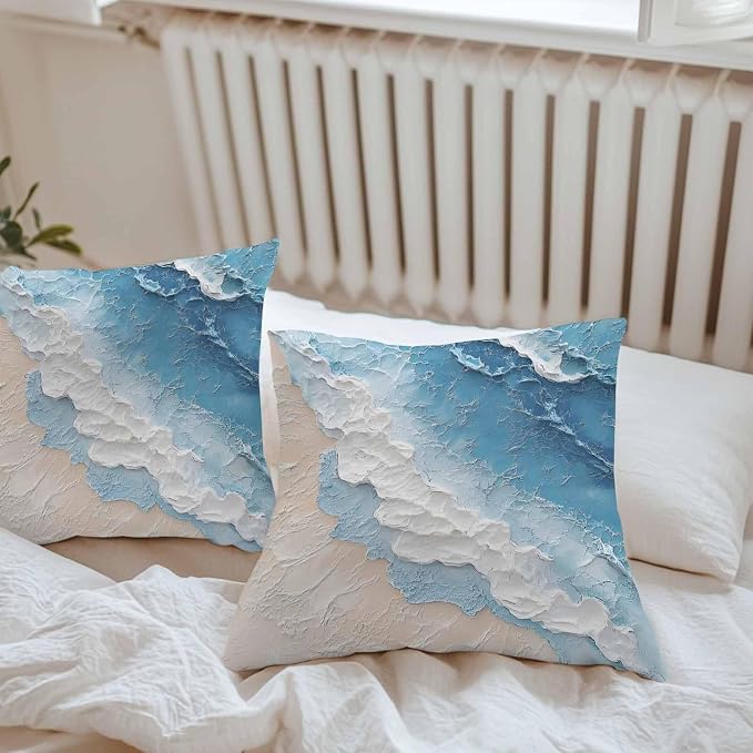 Summer Beach Theme Outdoor Pillow Covers 20x20in Pack of 2 Waterproof Pillowcase Watercolor Blue Ocean Wave Decorative Throw Cushion Case for Patio Couch Sofa