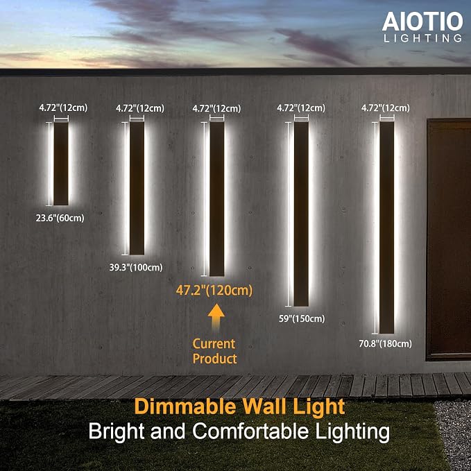 47.2in Outdoor Wall Light Exterior,AioTio Black Long LED Outdoor Wall Light Fixtures Wall Mount,Upgraded 4.72in Wide Dimmable IP65 Waterproof Modern Porch Lights Wall Sconce for Garage,Courtyard,Patio
