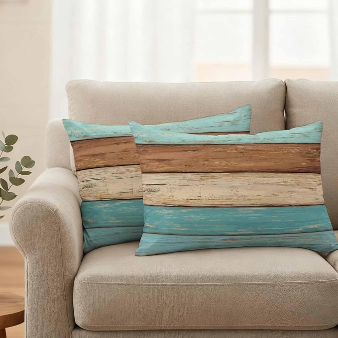Farmhouse Aqua Brown Outdoor Waterproof Pillow Covers, Vintage Wooden Striped Decorative Rectangle Throw Pillowcase Sofa Cushion Sham for Patio/Couch/Chair, 20"x12" 2 Pack