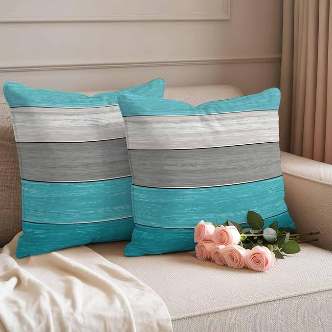 Outdoor Throw Pillow Covers 18X18 Set of 2 Waterproof Ombre Aqua Blue Gray Decorative Zippered Cushion Covers for Patio Furniture, Farmhouse Retro Rustic Barn Wood Texture Lumbar Pillowcases