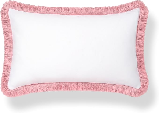 Hofdeco Premium Coastal Grandmillennial Patio Indoor Outdoor Lumbar Pillow Cover Only, 12"x20" Water Repellent for Backyard, Couch, Poolside, White Blush Pink Solid