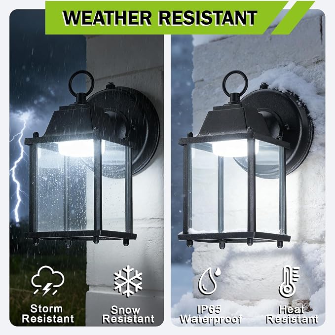 Outdoor Wall Light Fixture Dusk to Dawn, Rustproof Aluminum, LED | Exterior Porch Light Wall Sconce Lantern for House, Patio, Garage, Waterproof, Glass, 9.5W 800 Lumen, 5000K, Black, 1 Pack