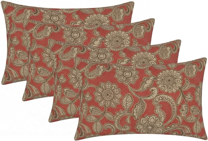 RSH DECOR: Outdura Lumbar Throw Pillows Set of 4 | 20" x 12" | Water and Fade-Resistant Performance Fabric | Outdoor Pillow Covers with Down-Alternative Inserts | Made in USA (Veranda Crimson)