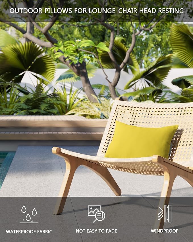 DecorLovee Yellow Outdoor Recliner Pillows for Head, Modern Pure Yellow Waterproof Chair Pillow with Elastic Stripe, Farmhouse Chaise Lounge Headrest Pillow for Patio/Beach/Pool 2Pack, 11"x16"