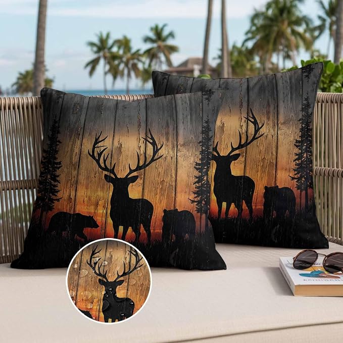 Yukro Wildlife Scene Outdoor Waterproof Pillow Covers Pack of 2, Nature Deer Bear Pine Trees Silhouette Sunset Throw Pillowcases Decorative Cushion Covers for Garden Patio Tent Sofa Couch, 20x20 inch