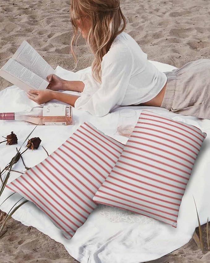 Outdoor Waterproof Throw Pillow Covers Set of 2 Red Stripes Lumbar Pillowcases 20x12 Inches Red Beige Vertical Striped Patio Decorative Pillows Cushion Case Patio Pillows for Couch Bed Chair Garden