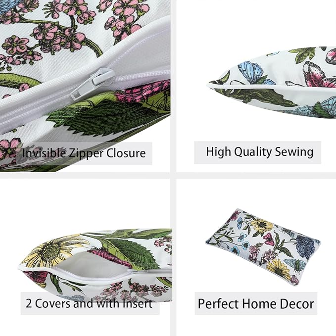 Water Resistant Outdoor Lumbar Pillows for Patio Furniture,12x20 Inch Decorative Pillows Set of 2 with Insert,Hidden Zipper Headrests for Sofa Couch Chair(Butterfly Flower)