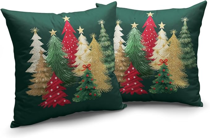 Christmas Pillow Covers 18x18 Set of 2 Colorful Xmas Tree Throw Pillow Covers Green Winter Holiday Decorative Pillowcase Double Sided Printing Cushion Case for Home Decor Sofa Couch