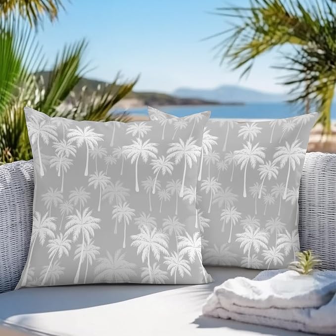 Throw Pillow Covers 20x20 Inch Set of 2, Tropical Palm Tree Waterproof Outdoor Pillow Covers, Gray White Plants Coastal Leaf Beach Decorative Cushion Pillowcases for Couch, Sofa, Bed, Garden, Patio