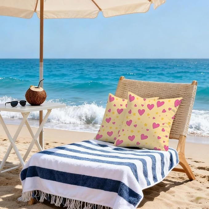 22x22 Inch Outdoor Pillow Covers Set of 2 Waterproof Throw Pillow Covers Decorative Couch Cushion Covers Pink Hearts Yellow Stars Square Pillowcases Protectors for Patio Garden Sofa