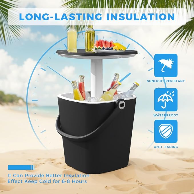 Outdoor Cool Bar Table Portable Cooler Side Table with Handle, Bottle Opener & Lift Top Lid,3-in-1 Cocktail Coffee Table Sturdy,Waterproof & UV Resistant Indoor Outdoor Use(Black)
