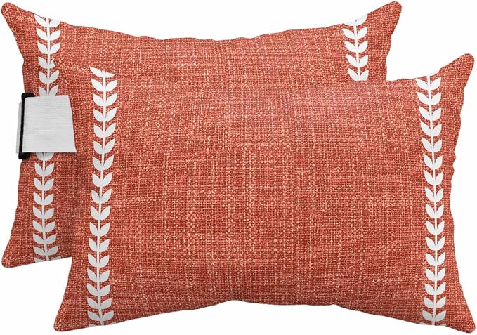 Fall Farmhouse Outdoor Lumbar Pillows 11x16 Set of 2, Retro Rustic Simple Lines Brick Red Waterproof Throw Pillow Covers with Insert, Decorative Pillowcase Cushion for Couch Sofa Bed