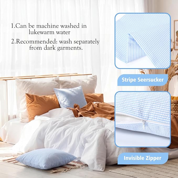 Huhumy Blue Throw Pillow Cover 18" x 18" for Home Decoration Striped Modern Style Decorative Cushion Covers No Inserts Seersucker Pillow Cover for Living Room, Chair, Bed, Couch, Set of 4