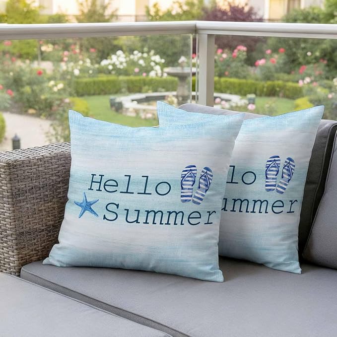 Outdoor Waterproof Pillow Covers 18x18Inch Hello Summer Starfish Flip Flops Throw Pillowcases for Patio Garden Couch Sofa Blue Gradient Decorative Cushin Case,Pack of 2