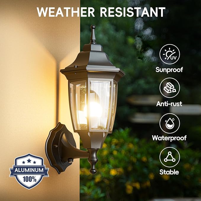 EMART Dusk to Dawn Outdoor Porch Light with Bulb, Wall Lamp(1 Pack, Black) | Exterior Anti-Corrosion, Waterproof Aluminum & Glass Shades, Modern Sconce Lantern Fixtures for Outside, House, Garage