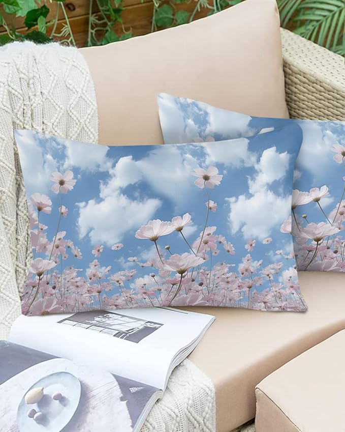 Vandarllin Outdoor Throw Pillows Covers 20x12 inch Set of 2 Waterproof Blue Sky Cloud Decorative Zippered Cushion Covers for Patio Furniture, Pink Flower Lumbar Pillowcases