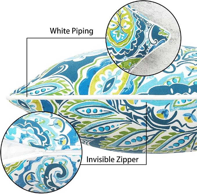 Magpie Fabrics Pack of 2 Outdoor Lumbar Pillow Case Covers 12"x20", Waterproof Rectangular Throw Pillowcase Shell Decorative Sham for Patio Garden Couch - Paisley Lapis Green