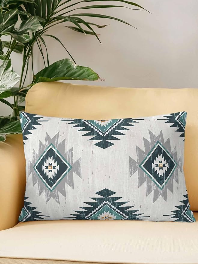 Waterproof Outdoor Pillow 1 Pack Turquoise Boho Aztec Decorative Throw Pillows Cover & Insert 20x12 Inch Lumbar Pillowcase Southwest Tribal Style Pillows for Couch Sofa Bed Patio Furniture