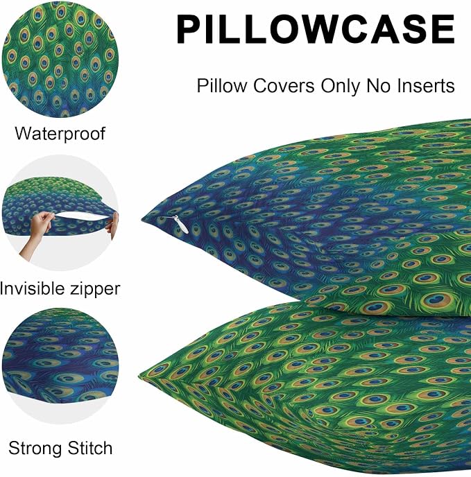 Peacock Feathers Outdoor Waterproof Pillow Covers, Ombre Blue Green Modern Animals Printed Decorative Square Throw Pillowcase Sofa Cushion Sham for Patio/Couch/Chair, 26"x26" 2 Pack