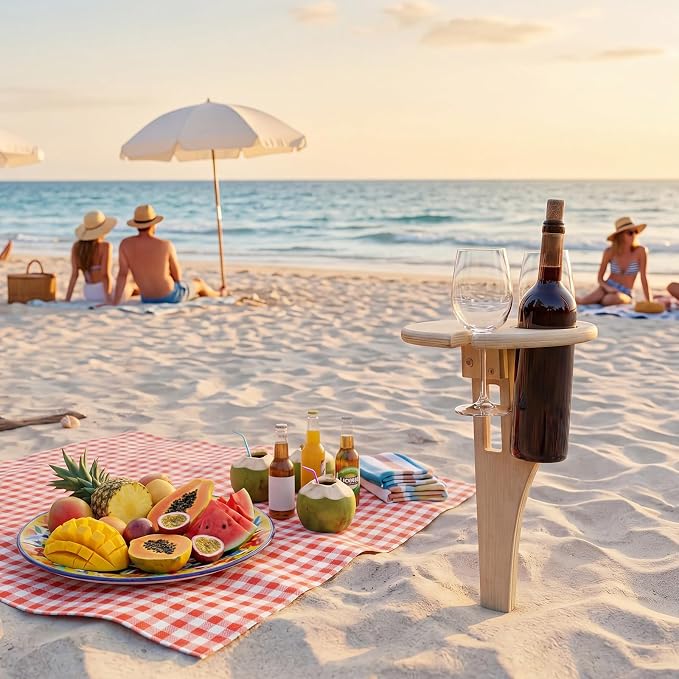 Amyhill Portable Folding Wine Table Picnic Beach Wine Table Outdoor Wooden Bottle Stand for 2 Glasses Handmade Rack Gift for Outdoor Camping Beach Barbecuing Picnic Essentials