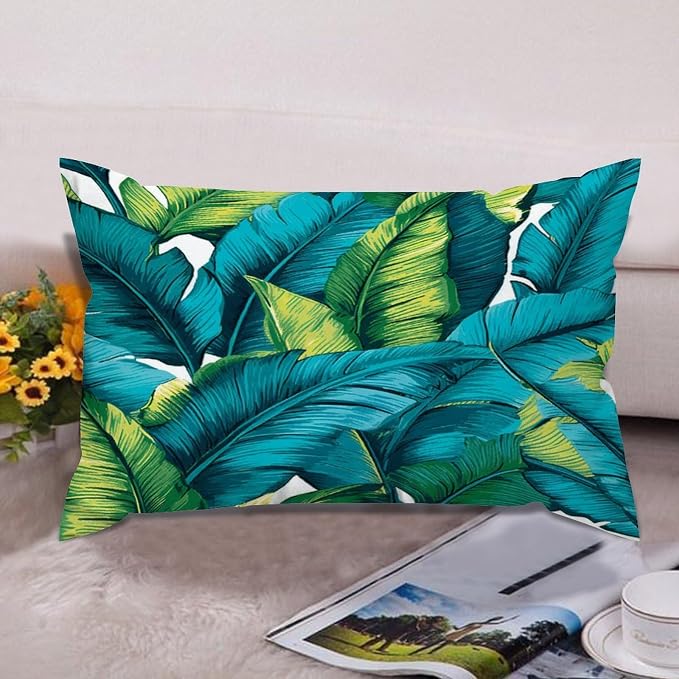 Set of 2 Turquoise Lime Green Teal Blue Aqua Tropical Plants Pillow Cases 12x18in Cushion Covers Farmhouse Pillows Covers for Couch Living Room Office Soft Rectangle Accent Pillowcase for Kids