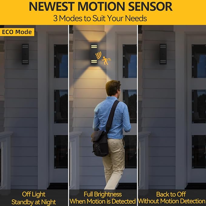 SHIMR Motion Sensor Outdoor Wall Lights, Modern Sconce, ETL Listed, 2 Pack | Dusk to Dawn Outdoor Lighting, Up and Down, Black Aluminum Exterior Light Fixture for Porch Garage Patio, LED Bulbs Included